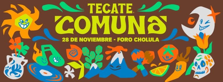 Cartel oficial de Tecate Comuna 2026 con el lineup del festival que se realizará el 28 de noviembre en el Foro Cholula, Puebla.