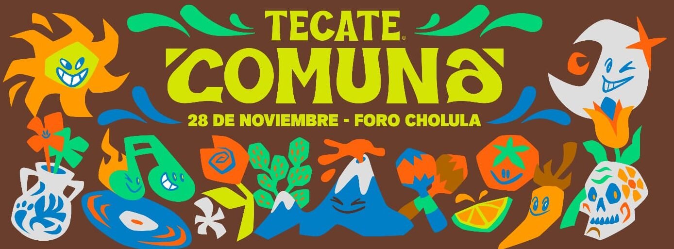 Cartel oficial de Tecate Comuna 2026 con el lineup del festival que se realizará el 28 de noviembre en el Foro Cholula, Puebla.